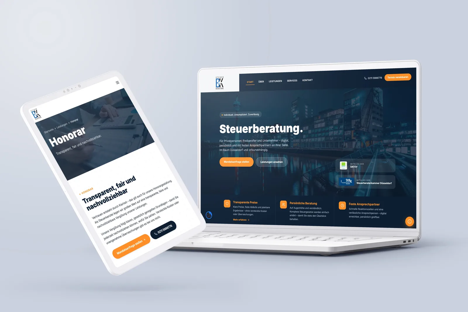 Website-Referenz B+K Steuerberatung – Steuerberatung in Düsseldorf – umgesetzt von Die Kanzlei Entwickler